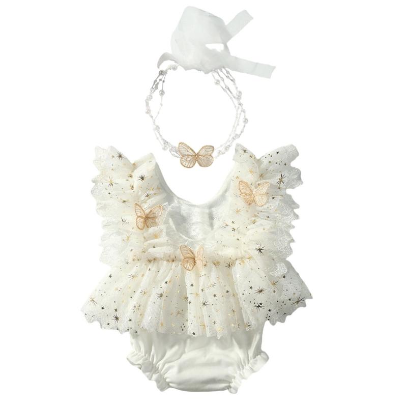 

Delicate Lace Baby Bodysuit with Butterfly Design Newborns Photography Costume Polyester Fabric for 0-1 Month Girls білий