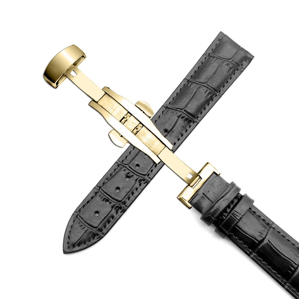 Double Push Butterfly Buckle Leather Watch Strap 16/ 18/ 20/ 22/24mm Unisex Belt Calfskin Steel Buckle Replacement Watch Band 16mm