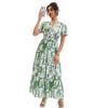 Cross-Border Holiday Style Coconut Tree Print V-neck Puff Sleeve Elastic Waist Hugging Slimming Patchwork Short Sleeve Dress Long Dress Women