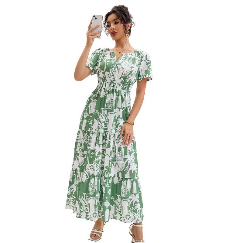 Cross-Border Holiday Style Coconut Tree Print V-neck Puff Sleeve Elastic Waist Hugging Slimming Patchwork Short Sleeve Dress Long Dress Women