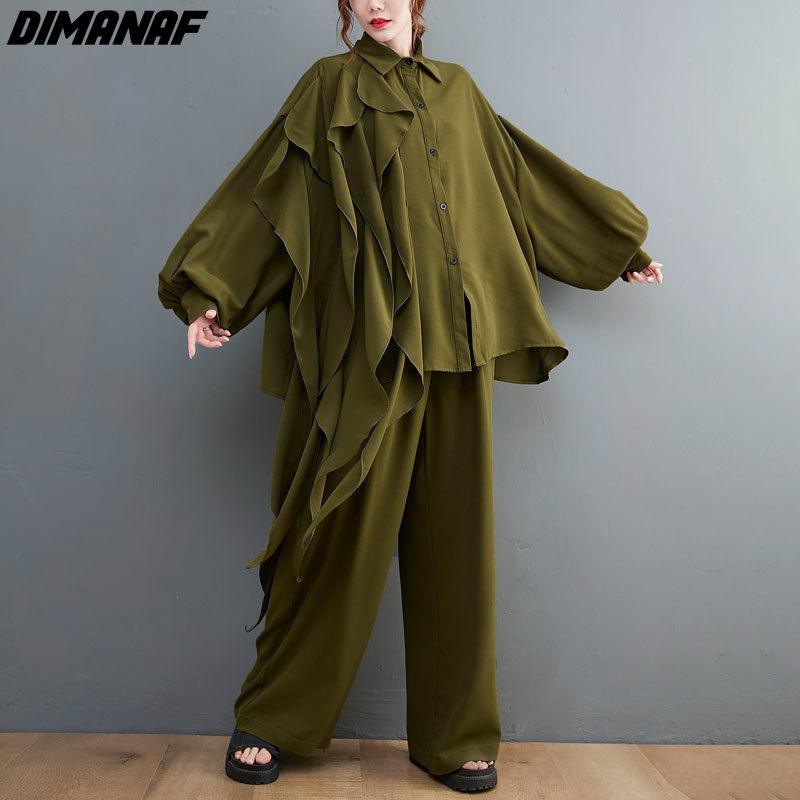DIMANAF 2021 Women Two Piece Set Casual Tassel Lace Tops Shirts Autumn Loose Wide Leg Pants Oversized Spring Summer Oversize