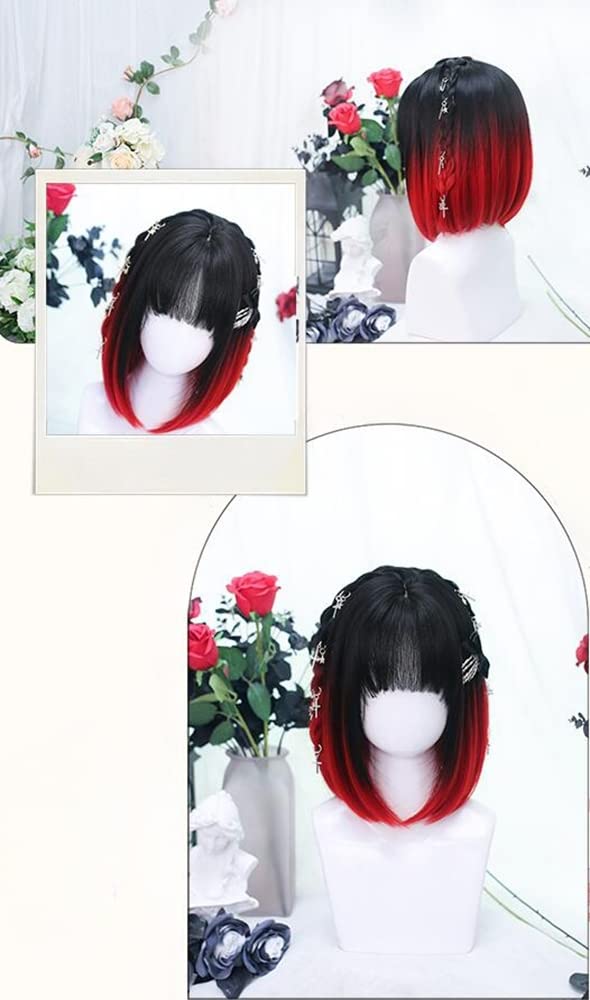 Straight Full Wig, Bob, Mori Girl, Dreamy, Cute, Heat-resistant, Semi-long, Cosplay, Lolita Style, Everyday Wear, Black and Red Gradient Wig