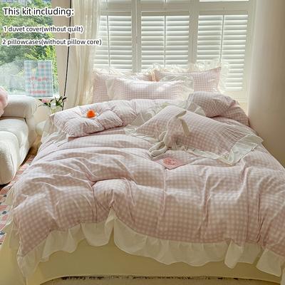 3pcs  Korean Lace Duvet Cover Set (1*Duvet Cover + 2*Pillowcase, Without Core), Pink Checkered Print Bedding Set