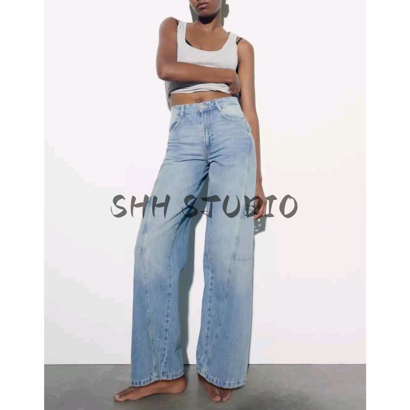 Spring and Summer Women's Clothing Minimalist Washing Effect Overalls Mid Waist Wide Leg Straight-leg Length Denim 3991028