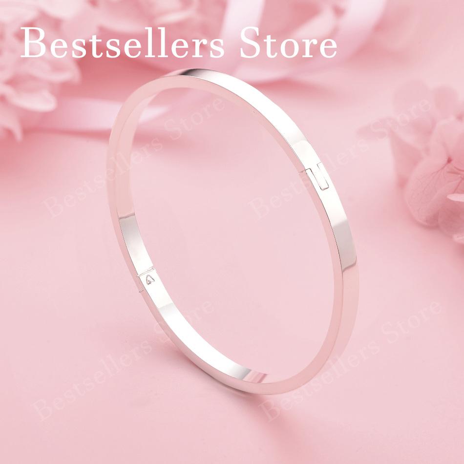925 Sterling Silver Simple Smooth Clasp Bangle for Women, Fashionable Engagement Accessory, Party Jewelry