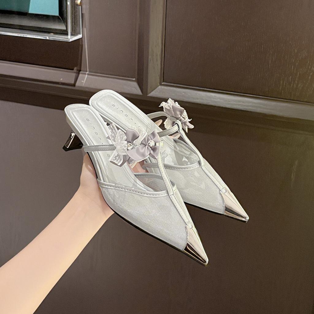 59016 High-heeled Slippers Women's Thick Heel 2025 New Bag Head Mesh Sandals Pointed Bow Light Mouth Single Shoes