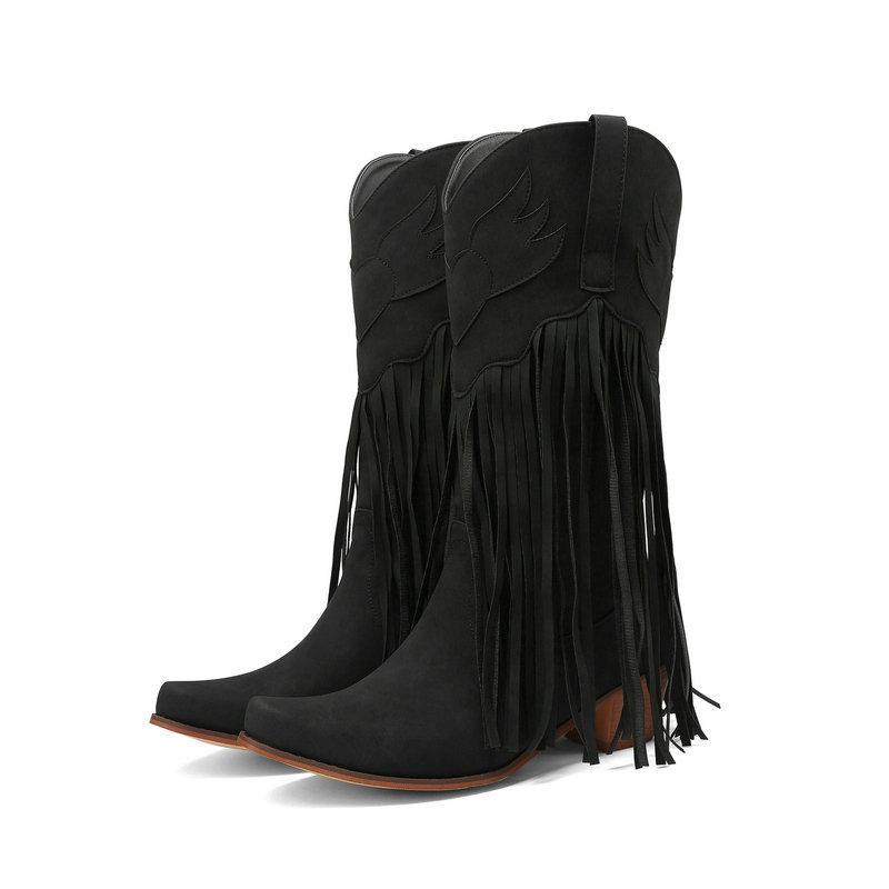 

Large Size New Style Women Retro Ethnic Western Cowboy Boots Block Medium Heels Tassel Fringe Knee High Boots Lady Winter Shoes 39 чёрный