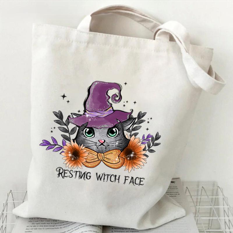 Cat Tote Bag Gothic Black Cat Shopper Halloween Party Gift Shopping Bag Spooky Seasonal Fun Animal Women's Tote Bag