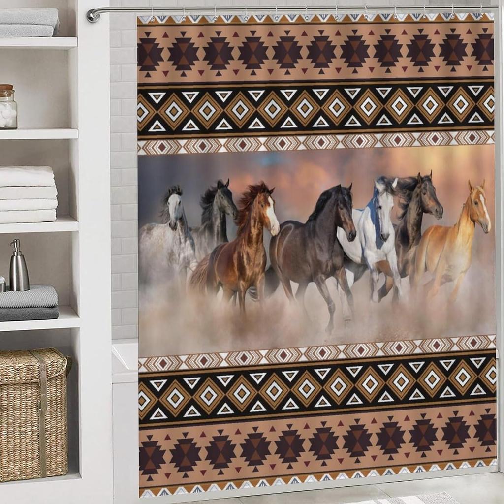 Rustic Aztec Horse 4 Pieces Shower Curtain Set,Boho Abstract Tribal Farmhouse Western Desert Horse Non-Slip Rugs Toilet Lid Cover Bath Mat and