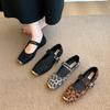 Fashion Studded One Strap Low Heel Shoes New Square Toe Shallow Mouth Leopard Suede Single for Autumn