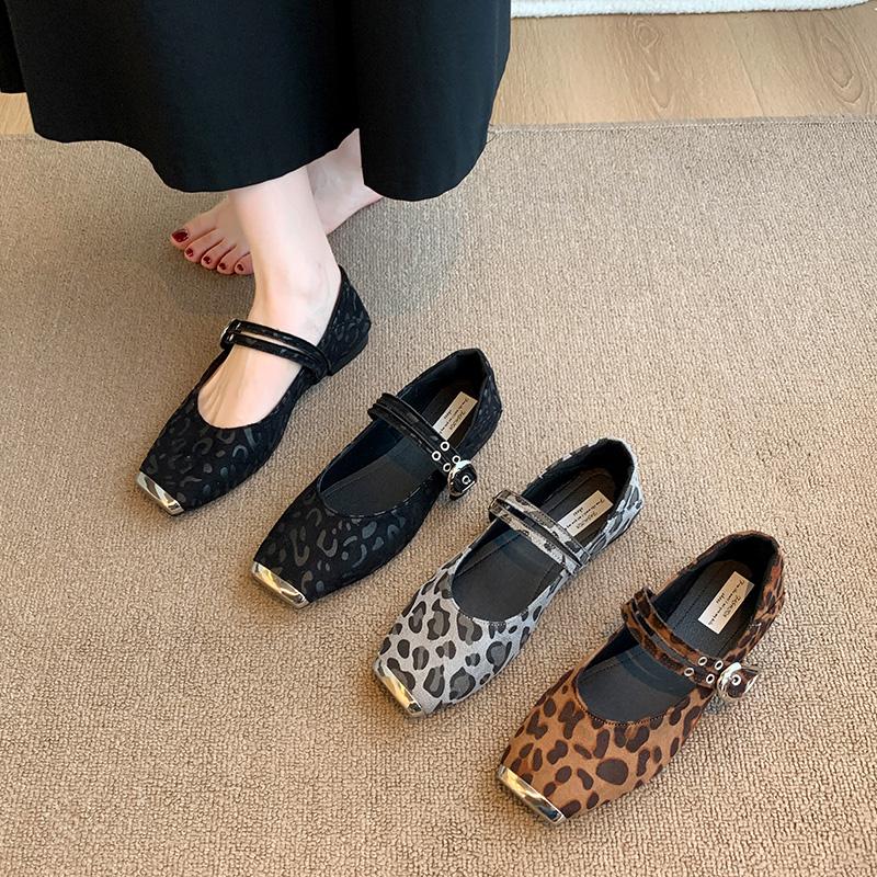Fashion Studded One Strap Low Heel Shoes New Square Toe Shallow Mouth Leopard Suede Single for Autumn