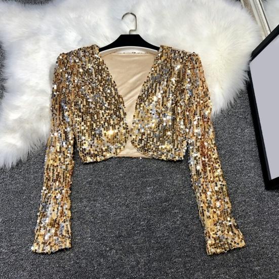 Women's Sequin Shrug Open Front Long Sleeve Cropped Bolero Jackets Sparkly Party Club Going Out Cardigan