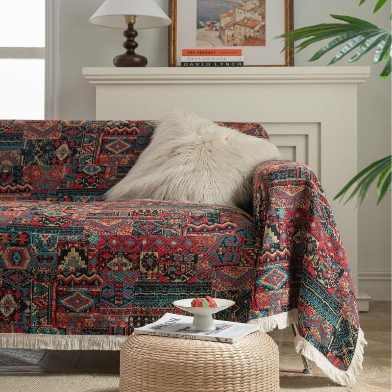Exquisite sofa towel anti-cat scratch jacquard flower bird green retro festive festival thick sofa blanket