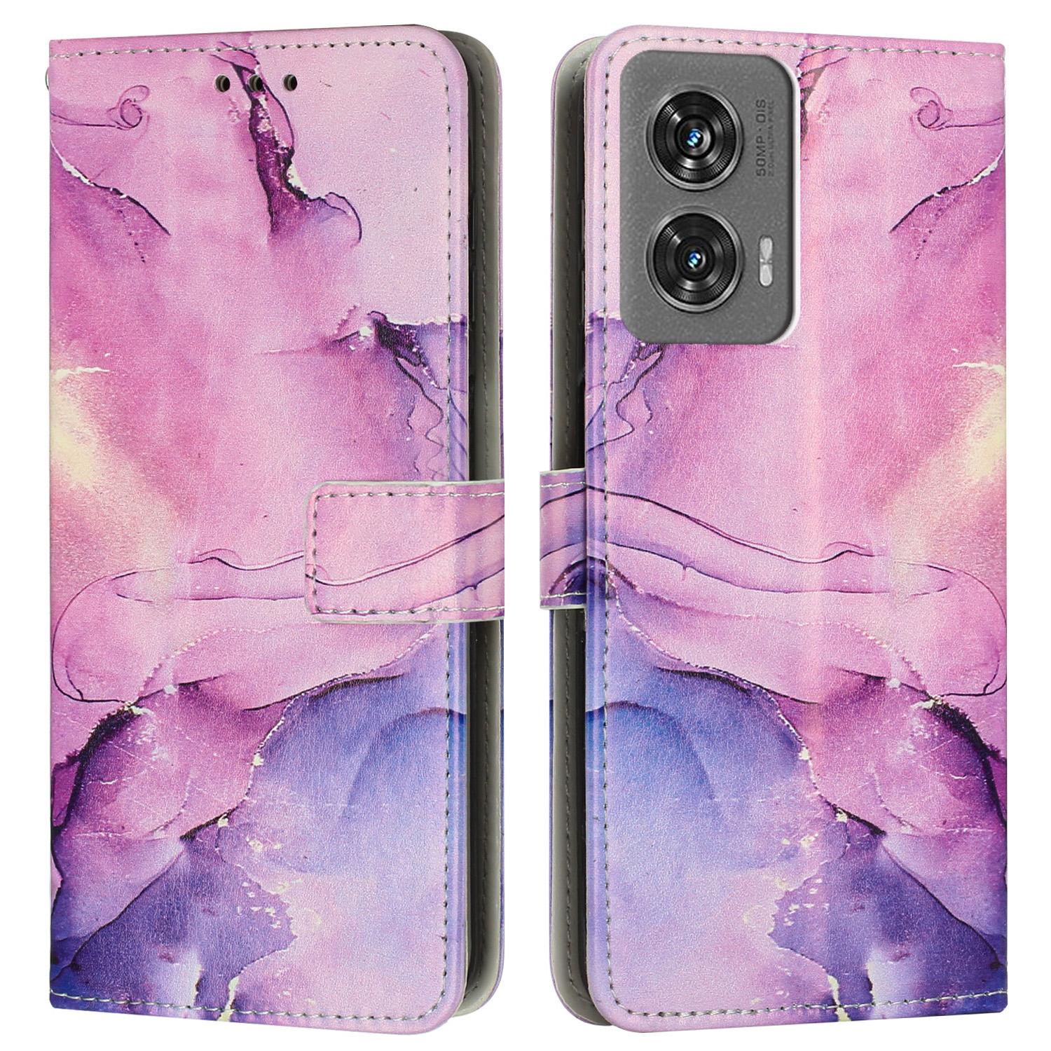 

Чехол-подставка для Motorola Moto G35 5G с мраморным узором, кошелек из ПУ кожи, чехол для телефона с ремешком на запястье Purple