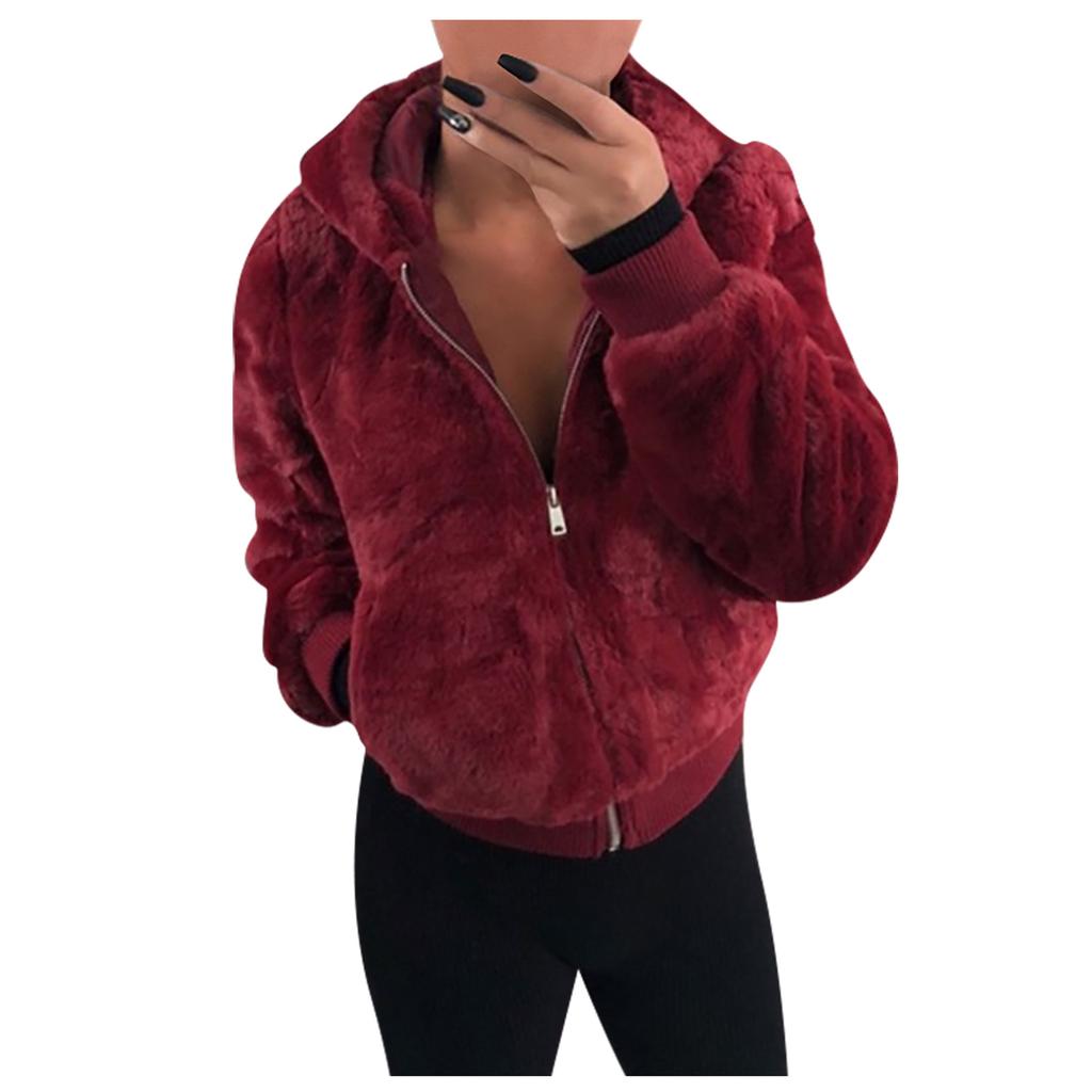 Dammode Casual Huva Dragkedja Fickor Enfärgad Långärmad Plyschkappa