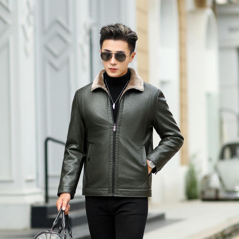 Leather jacket men s middle-aged lapel fur one-piece men s velvet thickened PU washed leather jacket men s jacket M