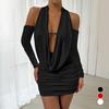 Autumn and Winter Backless Long-sleeved Dress European and American Deep V Neck Pleated Hip-wrapped Short Skirt Elastic and Thin