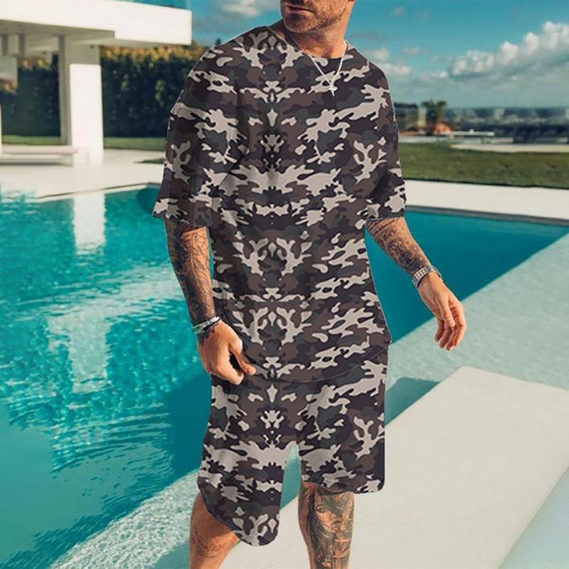 Summer Casual Breathable and Refreshing Sports Suit Oversized Men's Top Y2K Style 3D Printed Format Pattern Short Sleeve T-Shirt Man 2-Piece