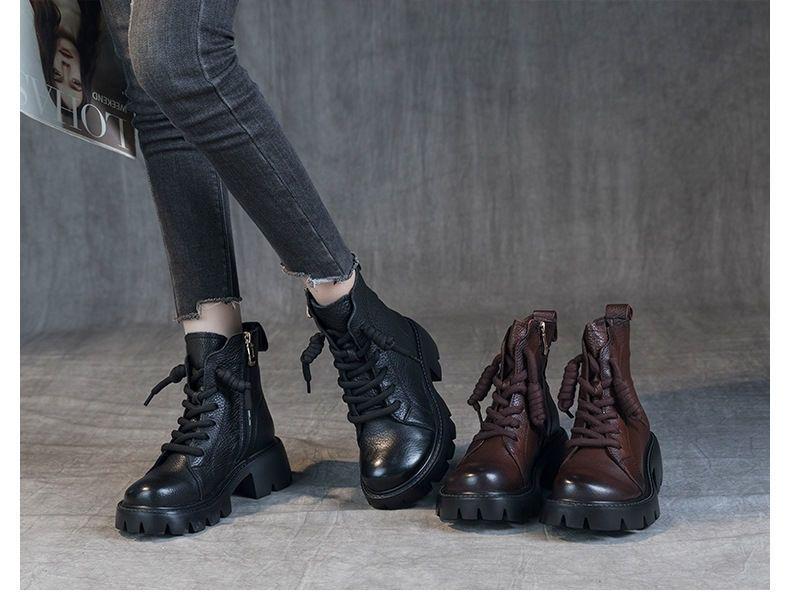 Dámské vintage kotníkové boty z hovězí kůže s měkkou podrážkou a širokou špičkou, plus sametová bavlna na podzim.