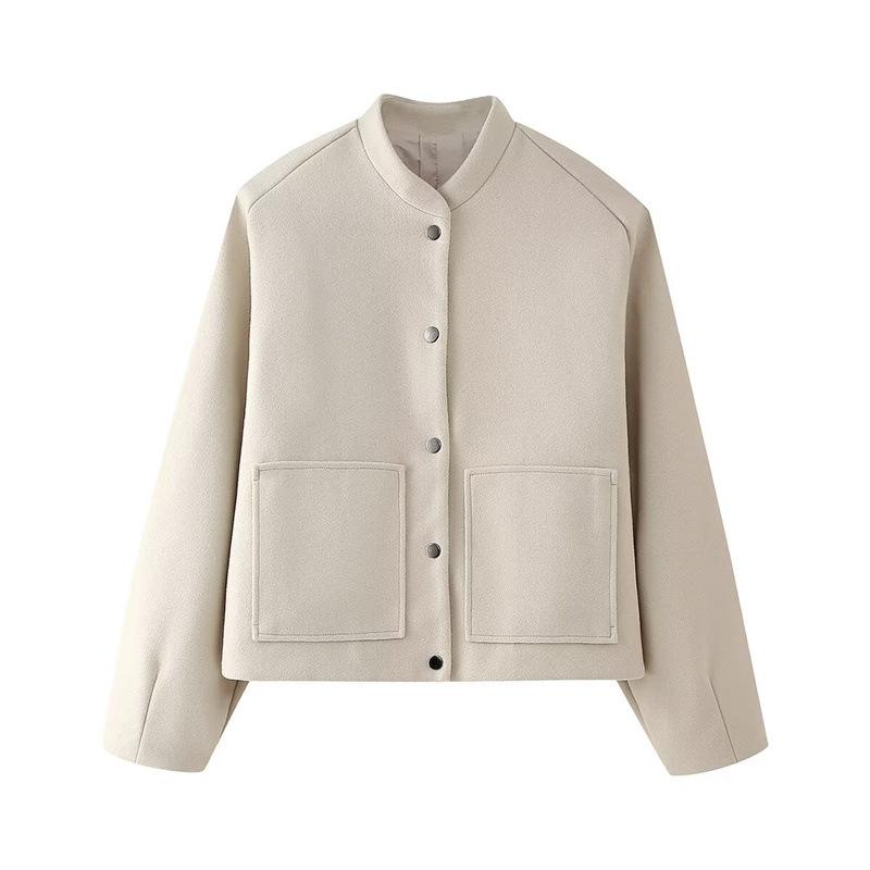 Women s Stand Collar Long Sleeve Jacket Regular Fit Casual Pocket Cropped Coat XS
