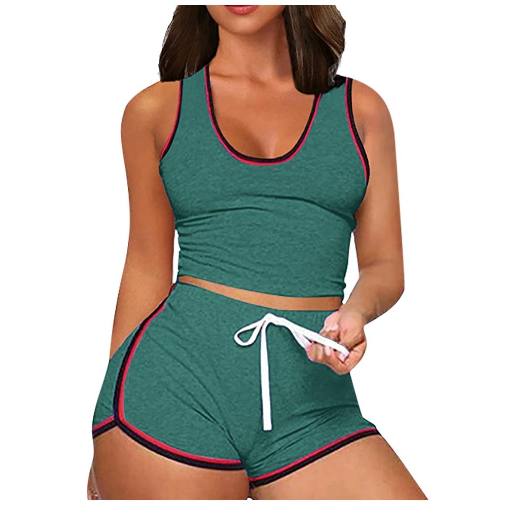 Women Sleeveless Split 2 Piece Set Casual Short Pants Casual Outfit Sportswear