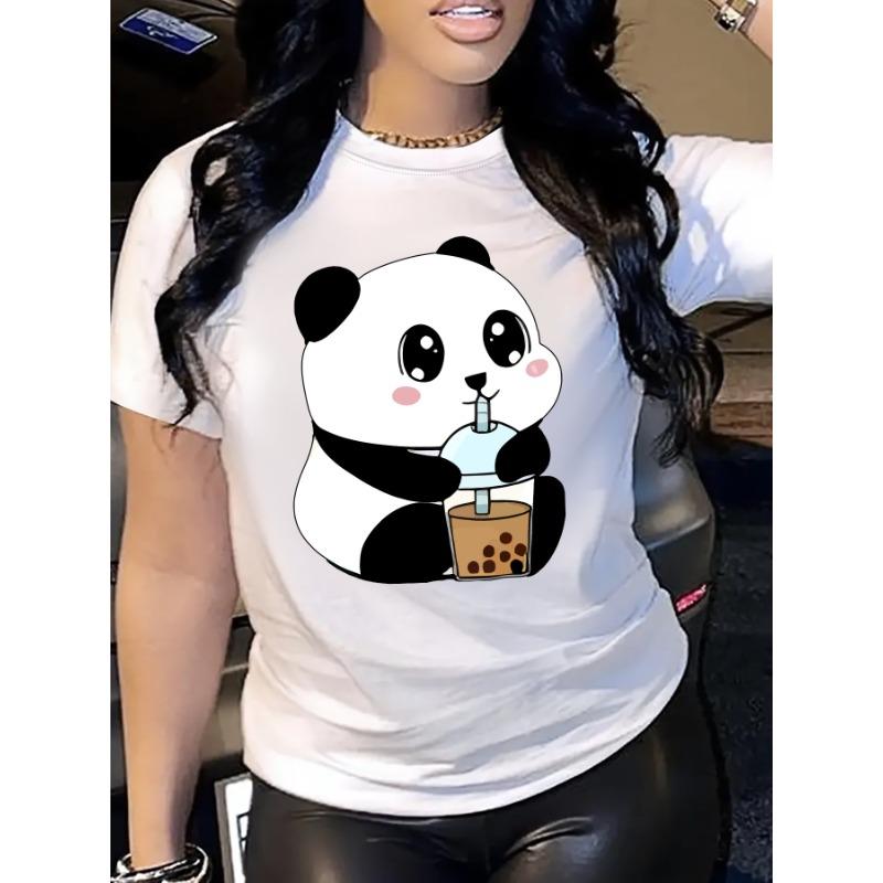 European Sizes Relaxed Fit Women's Casual Short-Sleeve T-Shirt | 100% Polyester, Breathable, Machine Washable, Cute Panda & Boba Tea Graphic