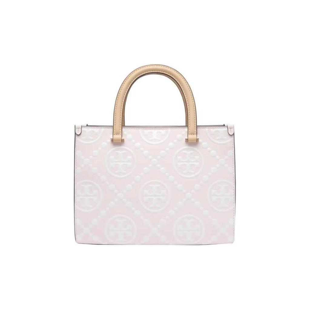 Tory Burch T Monogram Logo Print Leather Tote Bag Women Tote Pink 165887-650