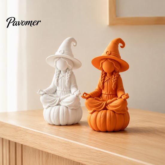 Pumpkin Base Wizard Statue 3D Printed Meditating Witch Figurine on Base, Minimalist Fantasy Home Decor Halloween Autumn Desktop Statue, DIY Paintable