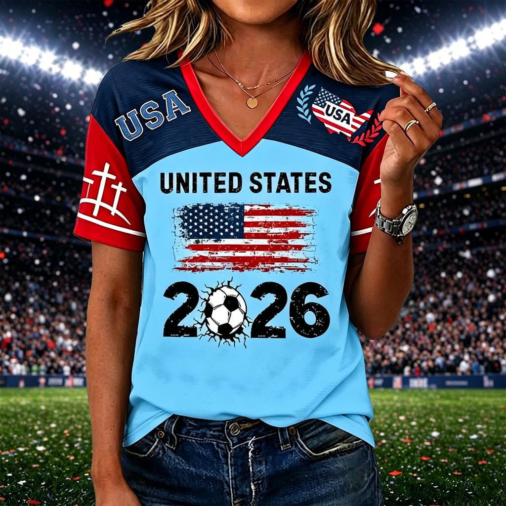 Women’s Casual V Neck Pullover Top with Short Sleeves and States Flag 2026 Soccer Graphic Print for Everyday Wear