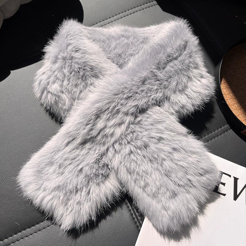 

Вязаный шарф из кроличьего меха Женский Осенне-зимний Высокий класс Корейская версия Универсальный Теплый Утолщенный Защита шеи Двусторонний Меховой Плюшевый Шарф серый