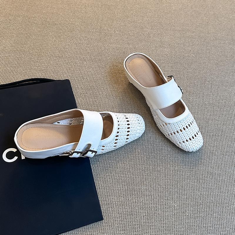 Square head woven hollow outer wear slippers inner height increase belt buckle bag head sandals thick heel fashion sandals women's summer