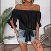 European and American Women's One Neck Off Shoulder Flared Sleeve Seven Quarter Sleeve Casual Lace Up Bow Loose Top