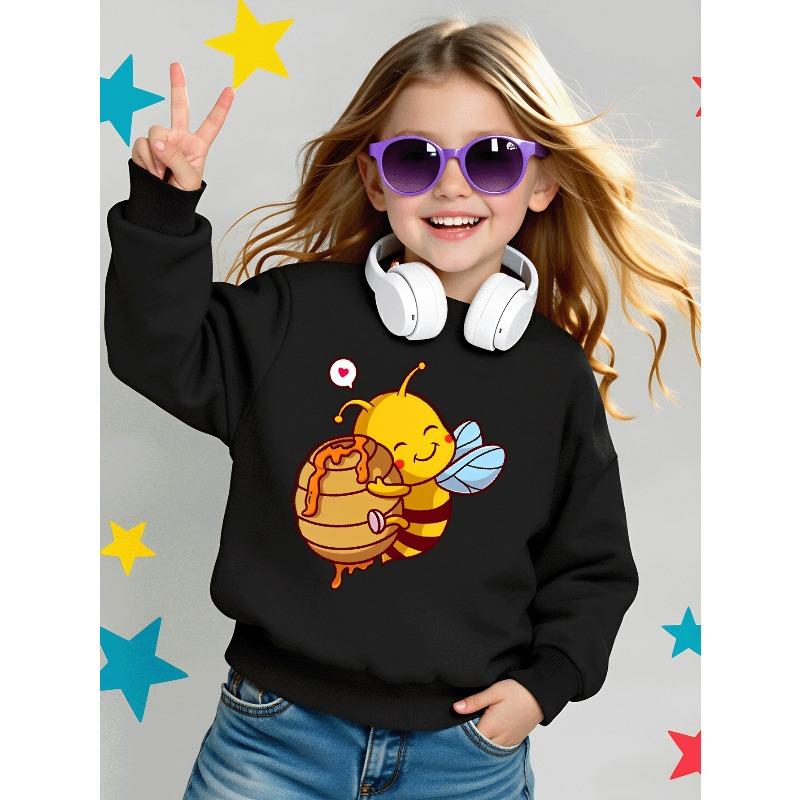 Girls Soft Crewneck SweatshirtCute Bee Hugging Honey Pot Cartoon Print with Cute Creative Print, Casual All-Match for Fall Winter