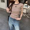 American retro contrasting striped round neck short-sleeved T-shirt women's summer new slim-fitting versatile foreign-style top tide