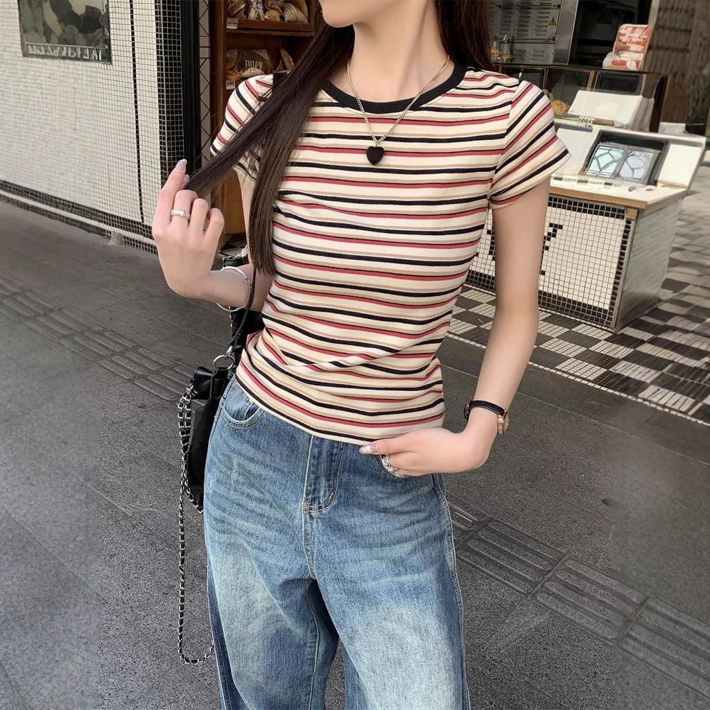 American retro contrasting striped round neck short-sleeved T-shirt women's summer new slim-fitting versatile foreign-style top tide