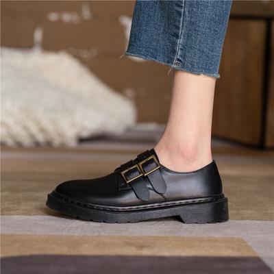 Genuine Leather Women Shoes Fashion Slip -On Belt Buckle Fashion /Autumn Women Flats Square Toe Thick Heel Platform Shoes Handmade