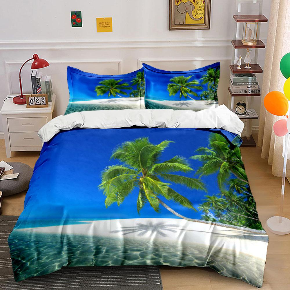 Tropical Beach Palm Trees Clear Water Bedding Set For Kids Luxury Gift 3Pcs Digital Print Comforter Set Soft Comfortable