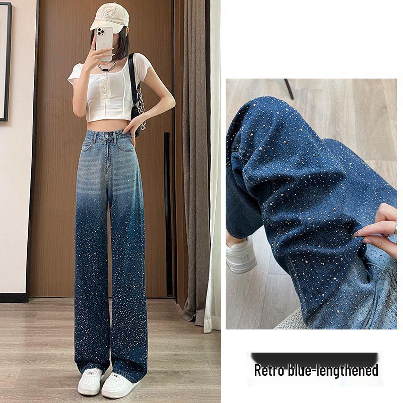 Gradient Rhinestone High-Waisted Wide-Leg Denim Pants - Women's 2025 Summer Style