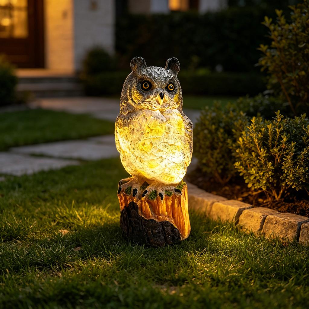 Resin Solar-Powered Owl Outdoor Figurine Weatherproof Cute Animal Model Decor With Solar Panels for Flower Fence Lawn Decoration