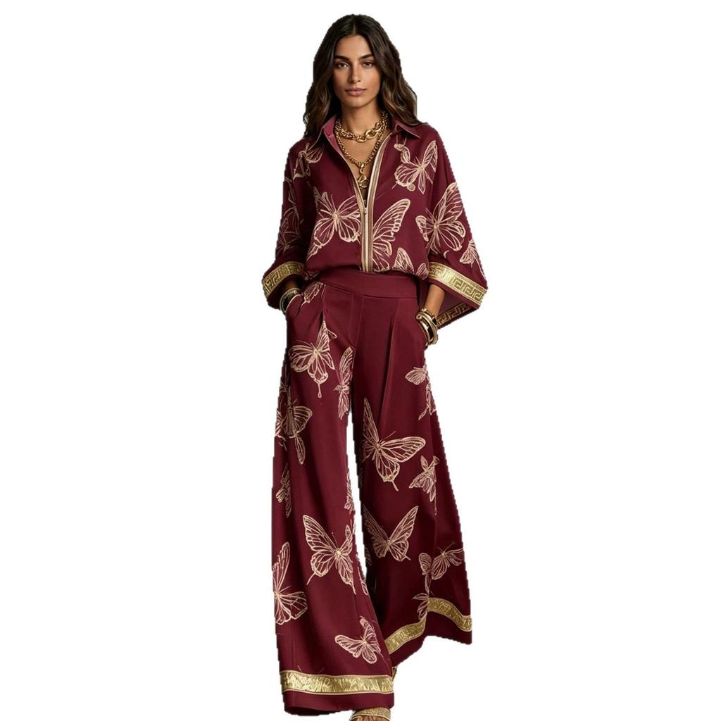 Pink Gold Butterfly Print Women's Two-Piece Suit with Lapel Wide Sleeve Shirt and Drape Wide-Leg Pants