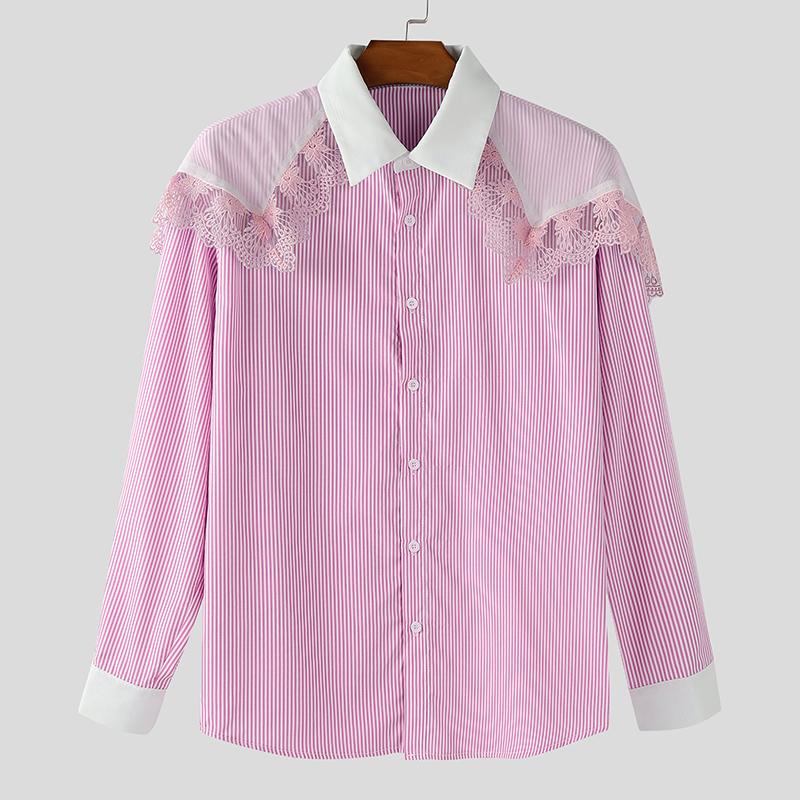 INCERUN Oversized Men Lace Patchwork Lapel Short Sleeve Striped Casual Loose Shirts