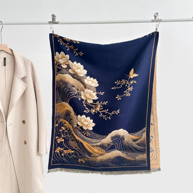 Autumn and winter new double-sided color oil painting series imitation cashmere thickened warm scarf women's air conditioner shawl