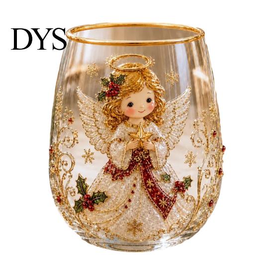 Christmas Themed Water Mug 330ML Glass Cup, Wreath/Santa Claus/Elk/Stockings/Snowman Pattern Holiday Glassware Compact for Breakfast Wine, Coffee,