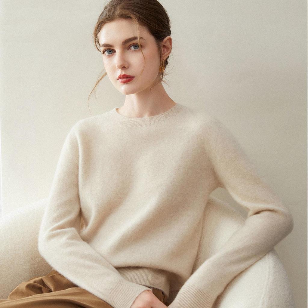 100% Pure Cashmere Women's Loose Round Neck Sweater - Versatile Knitwear for Autumn/Winter