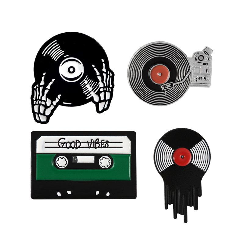 Retro Cassette Tape & Vinyl Record Skull Hand Enamel Pin Brooch