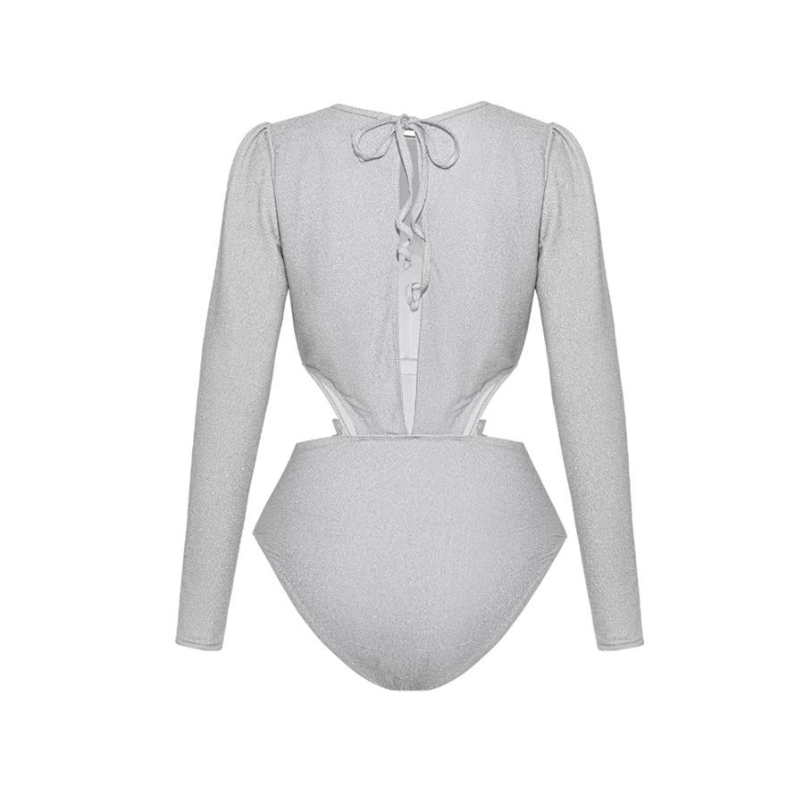 Jednokolorowy Błyszczący Kostium Kąpielowy Jednoczęściowy z Wycięciami i Długim Rękawem 2023 - Nowy Styl Europejski i Amerykański