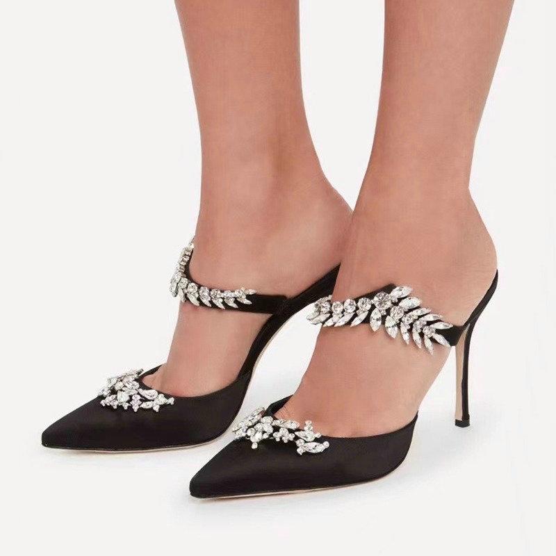 Fashion Beautiful Word With Wheat-Ear Rhinestones Pointed Sandals Silk Satin Covered Head High Heels Half Slipper Woman