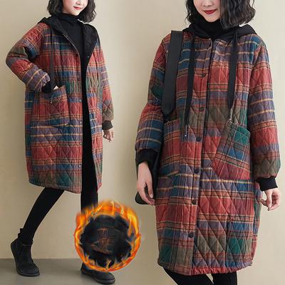 Winter Damenbekleidung Kapuzenjacke Parka Koreanische Mode Übergröße Kariert Mittellanger Mantel Jacke Warm halten Lockere Freizeit
