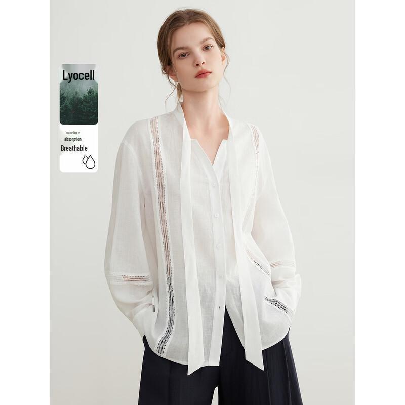 ELLE White Linen Tencel Lace Blouse XL
