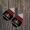 Patchwork Red Plaid & Striped Leather Christmas Tree Earrings